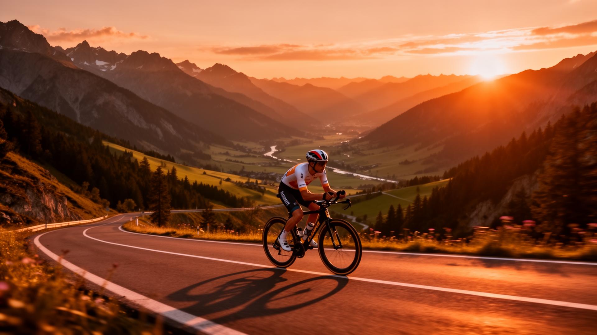 Ciclista em estrada de montanha ao pôr do sol representando lifestyle fitness ativo