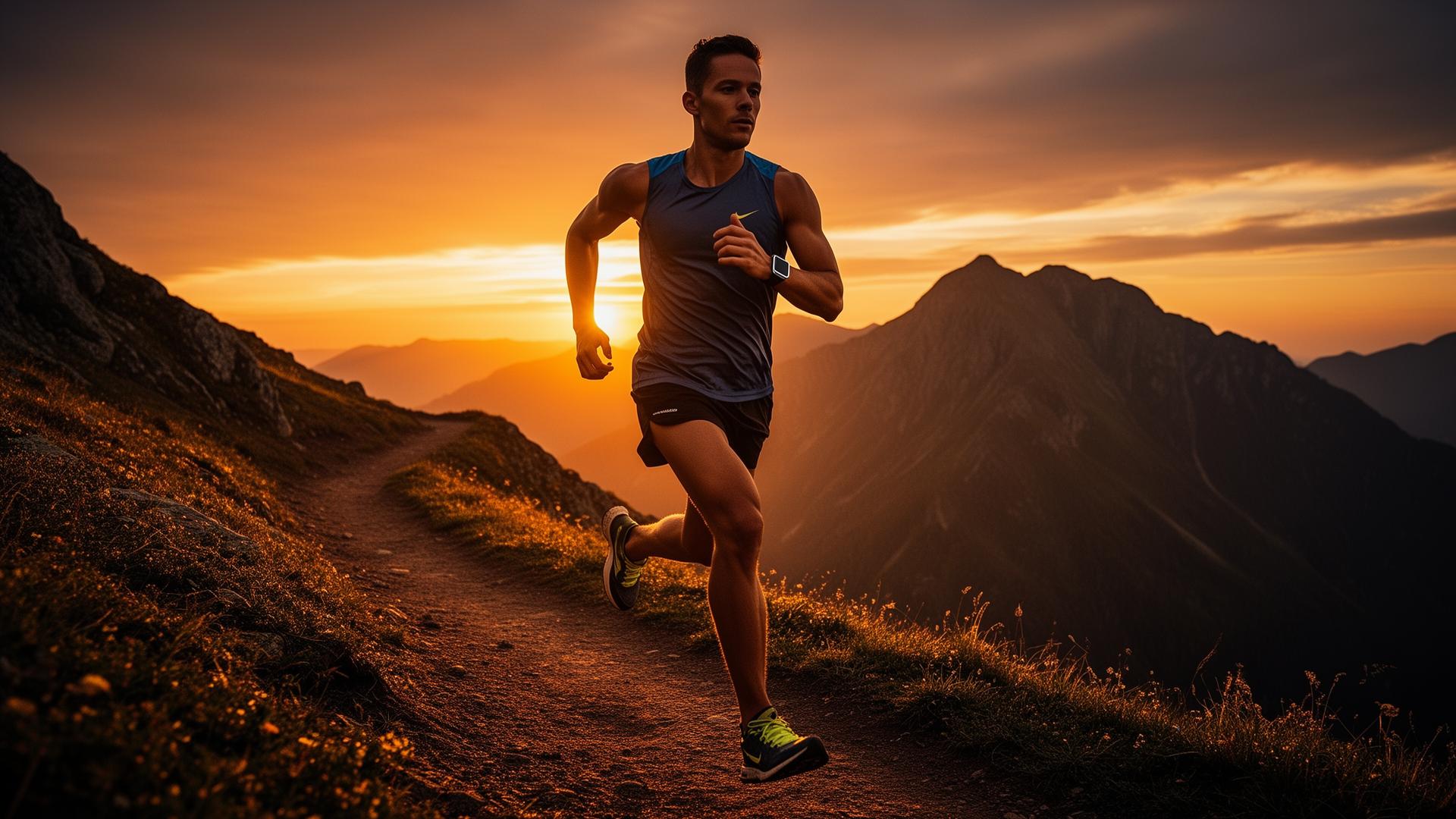 Corredor em trilha de montanha ao nascer do sol usando relógio fitness